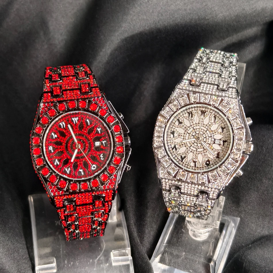 Red Diamond Watch For Men Brand PINTIME Fashion Arabic Literal Quartz Clock Man Hip Hoplced Jewelry Round Wristwatch 2026 New view 5