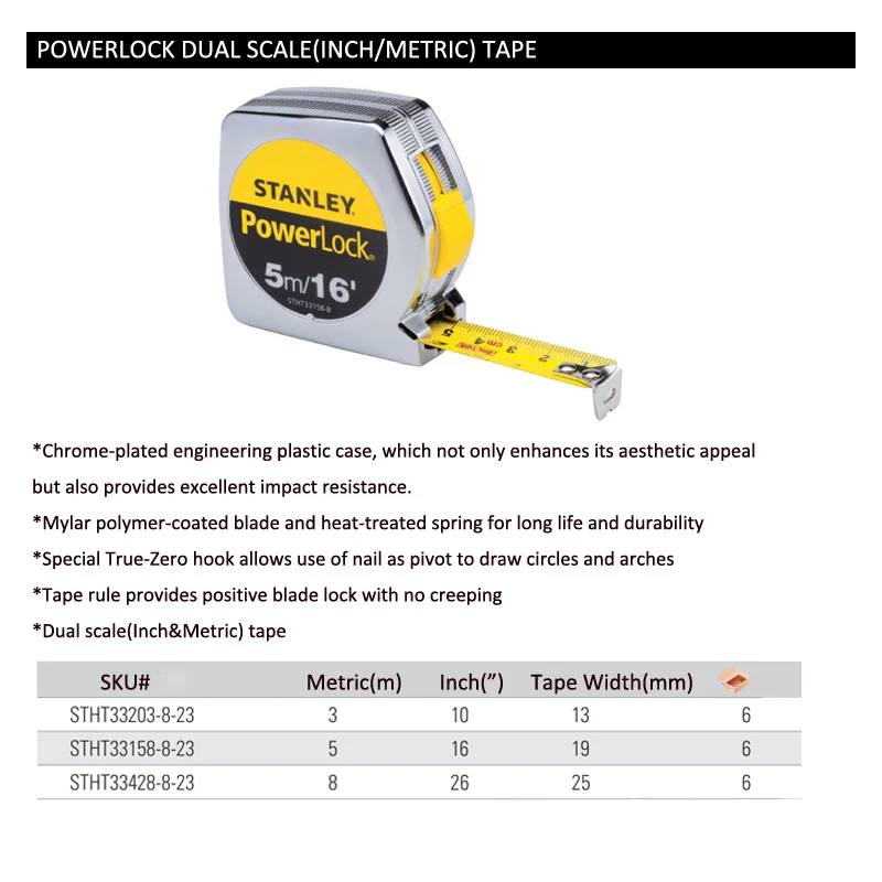 Stanley 1 Piece Ⅱ POWERLOCK Tape Measure Steel Metric 3m 5m 8m Inch 10/16/26\