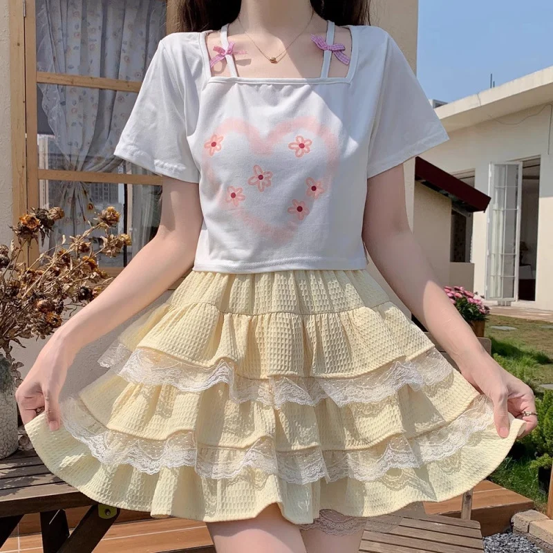 Gaun Kue Renda Anak Perempuan Musim Panas Y2K Rok Setengah Linen Katun Tepi Ruffle Tambal Sulam Rok Berlipat Pinggang Tinggi Rok Berbulu A-line Baru