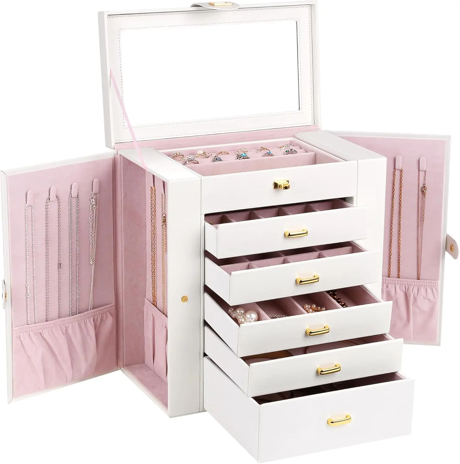

Extra Large Jewelry Box with Mirror, 6 Tier 5 Drawers, PU Leather Storage Organizer for Watches and Gifts