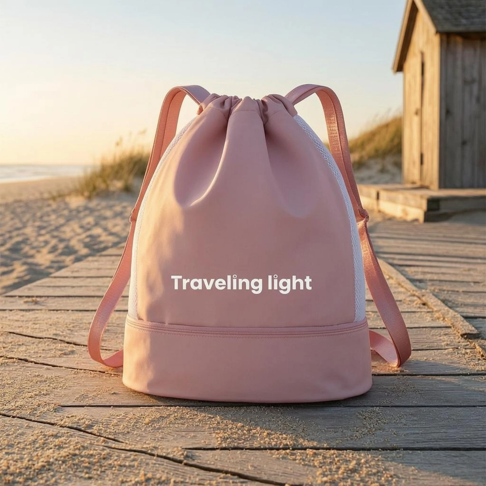 Drawstring Backpack Lightweight Zippered Compartment Backpack Drawstring Sports Bag Zipper Pocket Printed Text for Travel