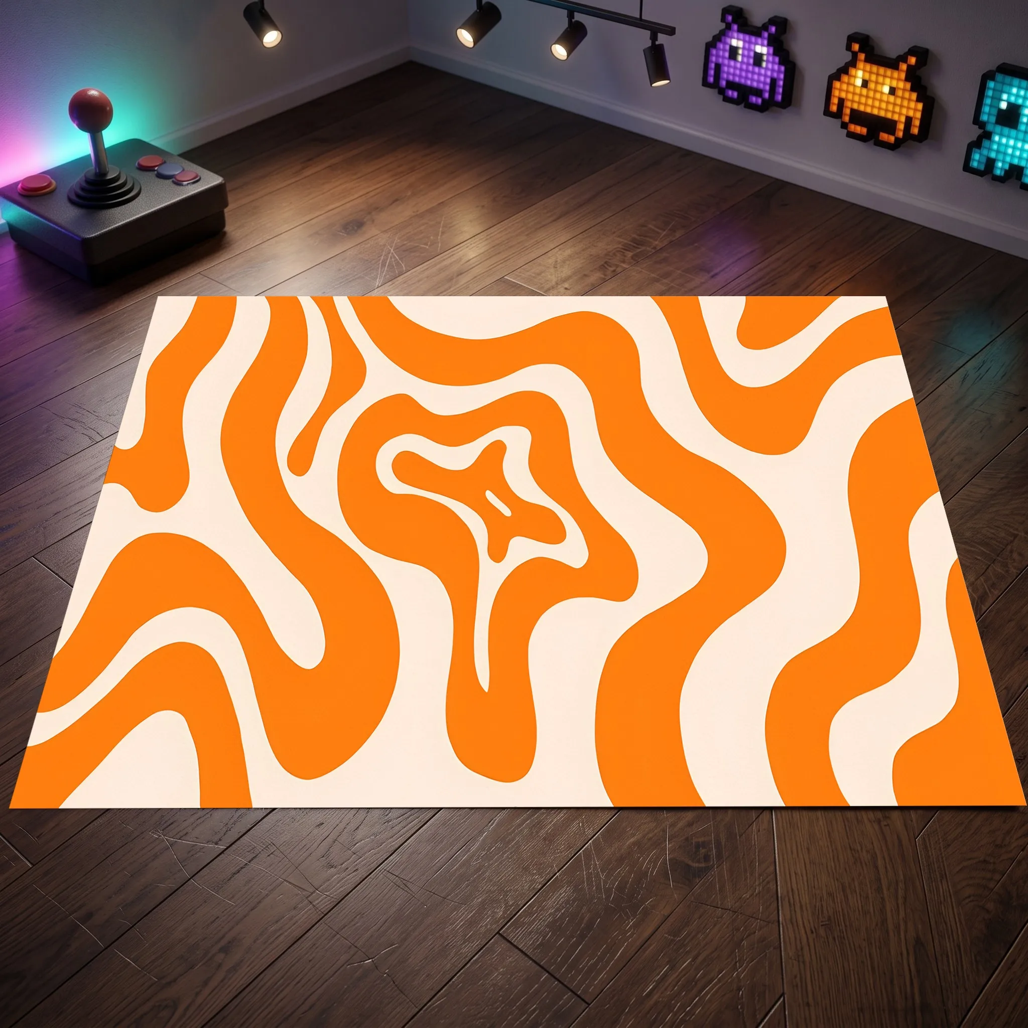 Large Area Rug with Orange and White Wave and Star Pattern, Simple Fresh Style, for Living Room Bedroom