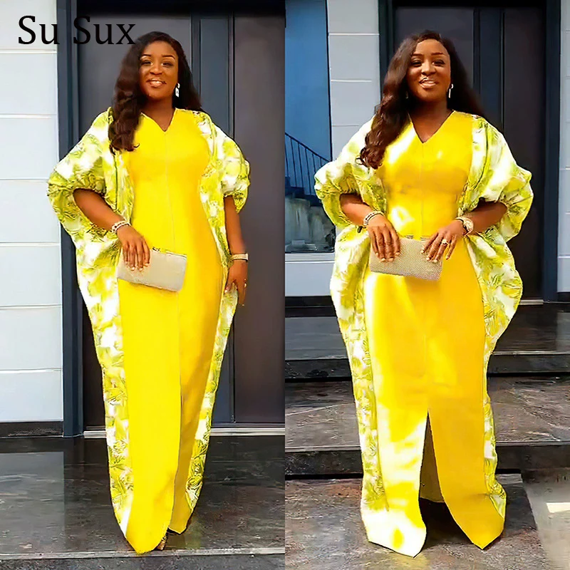 

Print Patchwork Maxi Dress Plus Size African Dresses For Woman Muslim Abaya Dubai Elegent V Neck Bat Sleeve Robe Partyclub