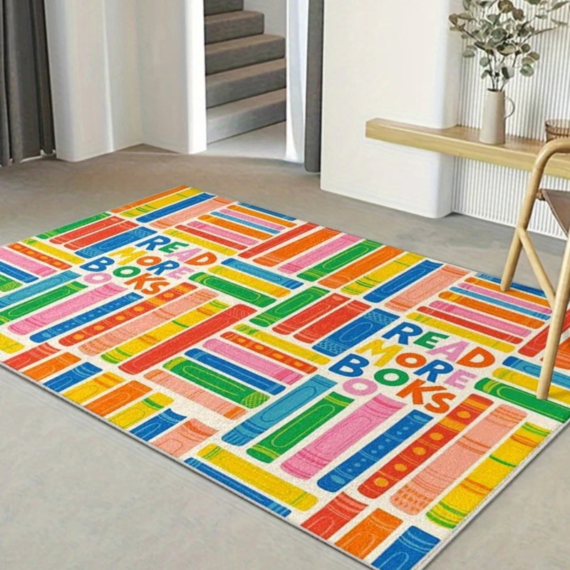 Colorful Book Pattern Printed Rug Inspirational Read More Books Design Floor Carpet for Kids Study Room Library Bedroom Home