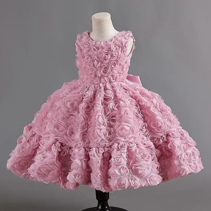 Girls' 2024 New Baby Rose Blossom Princess Dress Children's Bow Fashion Puffy Dress Banquet Performance Show Dress