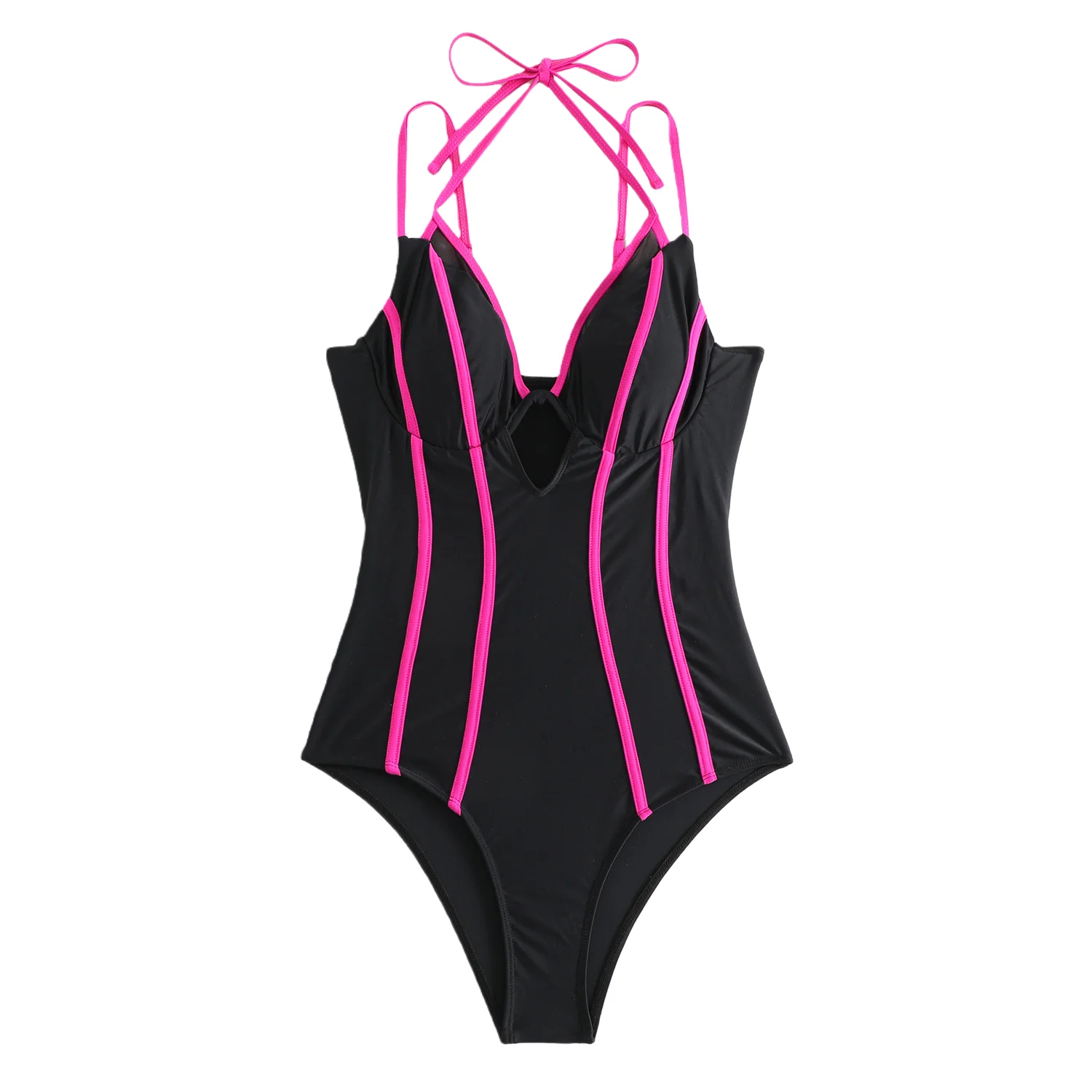 Traje de baño de una pieza negro y rosa para mujer, cuello halter, recorte, sexy, control de barriga, monokini, traje de baño de playa ajustable