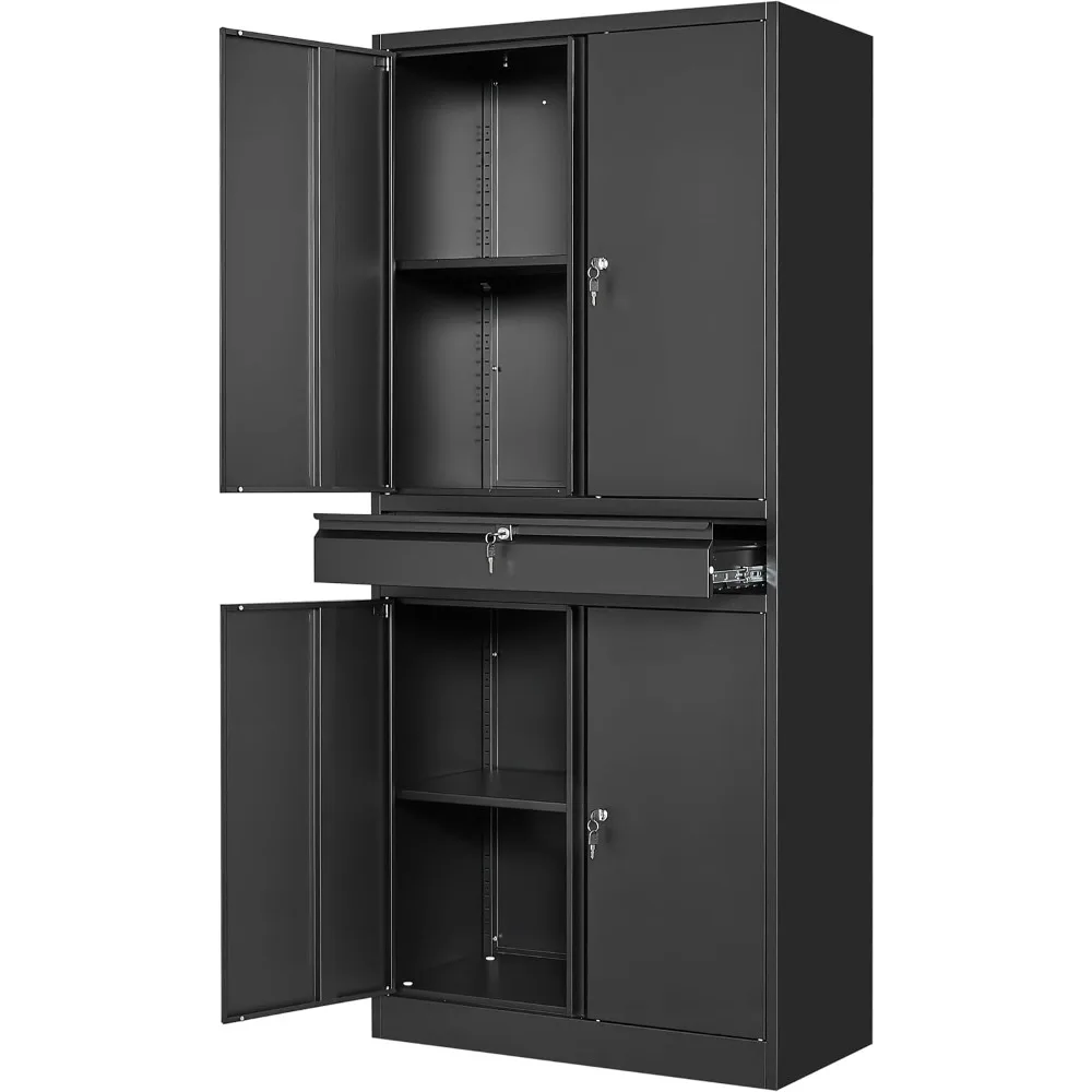 Gabinete de almacenamiento de garaje de metal con puertas cerraduras y estantes ajustables, gabinete de almacenamiento de herramientas con 1 cajón - 71"