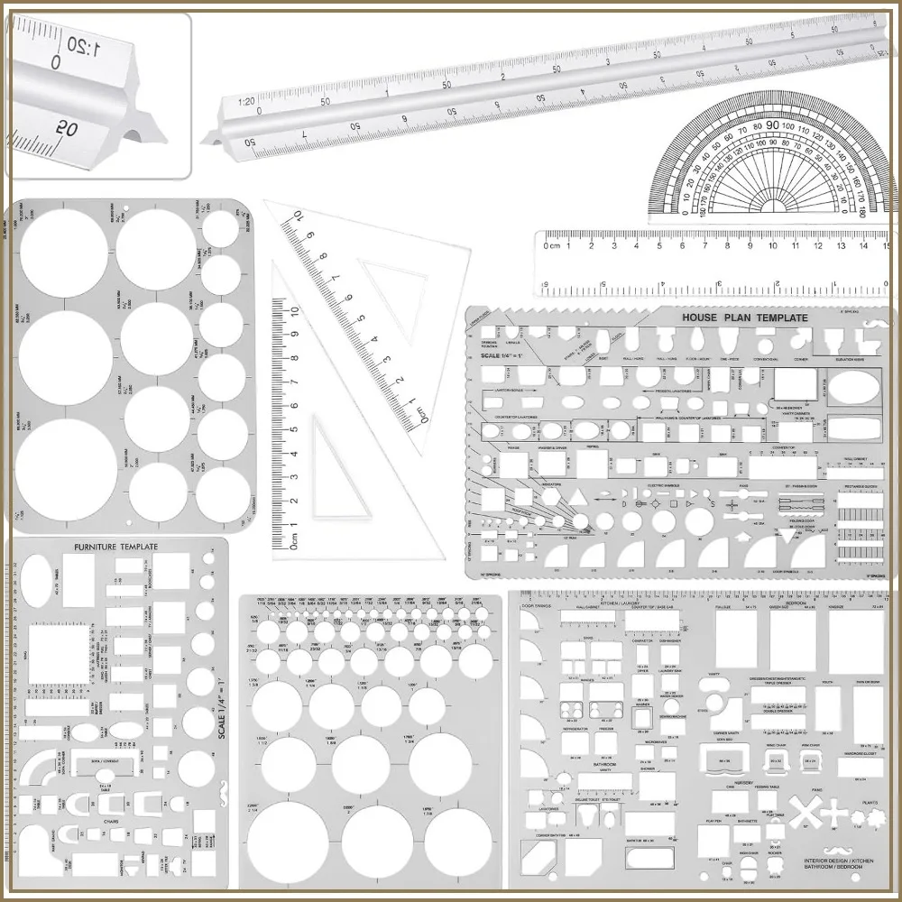 

10 Pcs Geometric Drawing Ruler Set, Triangular Architect Scale, Plastic Templates for Drafting, Clear
