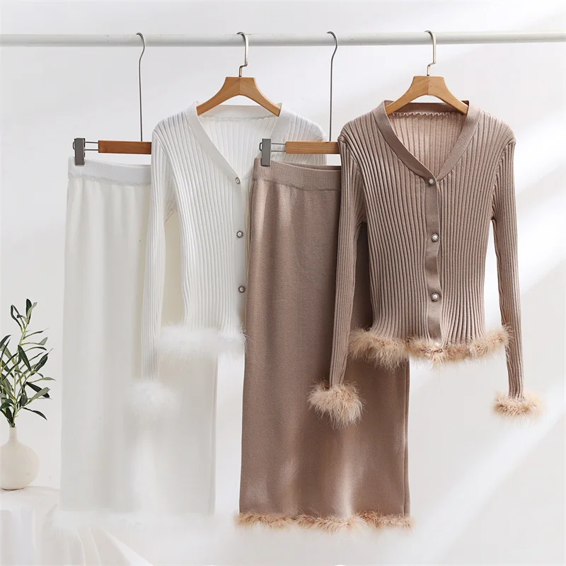 Elegant Faux Fur Knit Two Piece Skirt Set Women 2 Piece Ribbed Cardigan Dress Sets Winter Knitted Two Piece Women Sets 2024