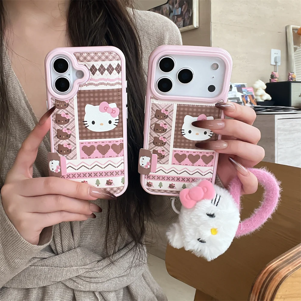 

Cute Plaid Heart Hellokitty Leather Fundas Strap Warm Fluffy Plush Phone Case for iPhone 17 Pro 16 Pro Max 15 14 Pro Cover Cases