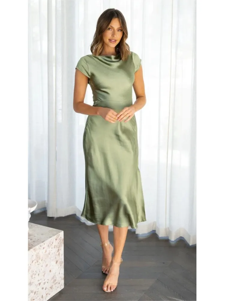 

Summer Women Satin Backless Sleeveless Dress Casual Loose O Neck Long Dresses 2026 New Chic Female Street Vacation Outfits Robes