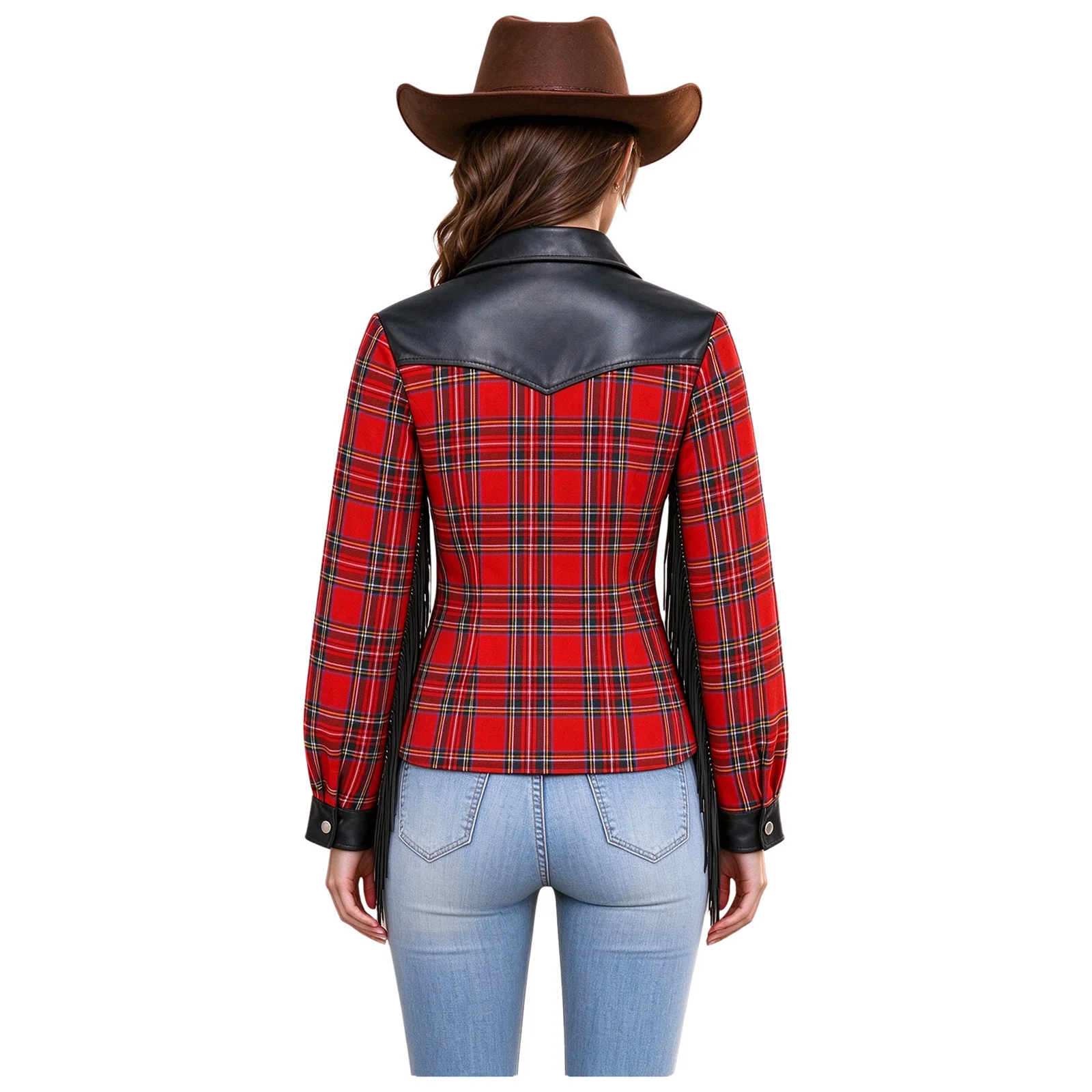 Women Western Cowgirl Fringe Plaid Shirt Long Sleeve Faux Leather Patchwork Buttoned Shirts Top for Party Club Country Concert
