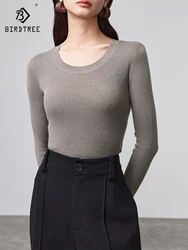 BirdTree, 90%Sheep Wool 10% Silk Elegant Knitwear, Women Long Sleeve Seamless, Casual Commute Tops, Autumn Winter Tees T48034QC