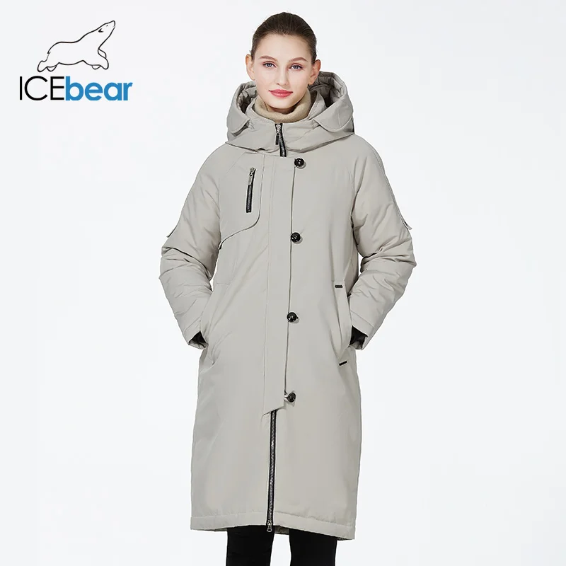 ICEbear 2023 New Winter Womens Jacket with Hood Warm Thickened Coat Windproof Parka With Belt GWD22599I