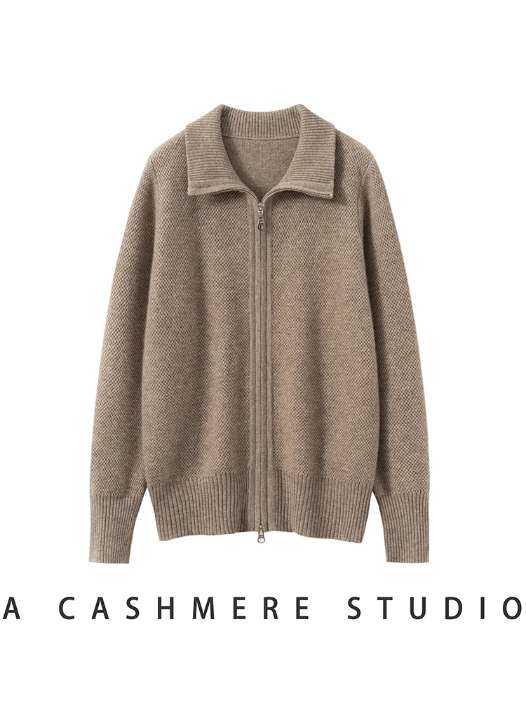 

TLOML женский свитер из 100% кашемира, водолазка с сотовой иглой, кардиган с двойной молнией, осень-зима, мягкий теплый толстый кашемировый топ