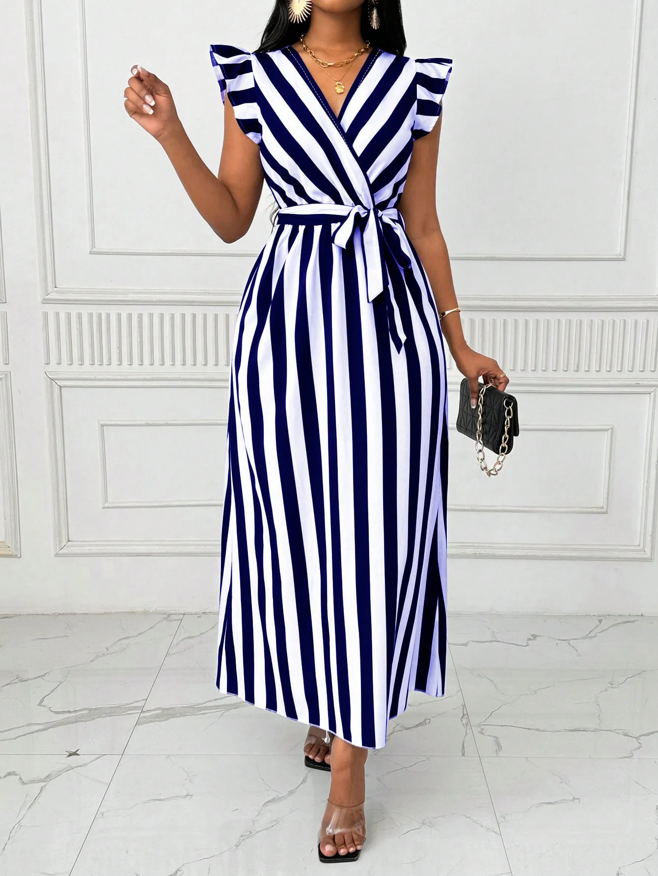 Women's Ruffled Sleeve Striped Dress Casual Vintage Long Sleeve Dress Maxi Dress