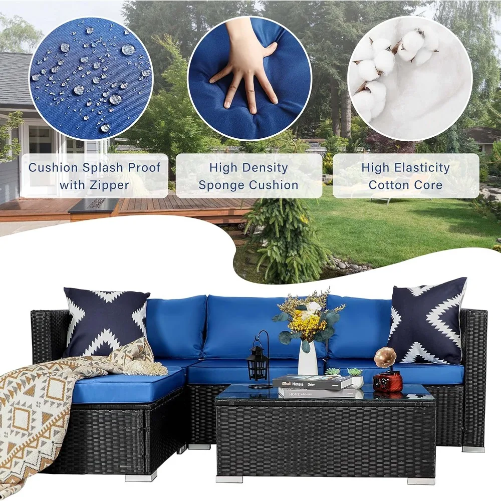 مجموعة أثاث الفناء الحديثة المصنوعة من البولي ايثيلين الأزرق مكونة من 5 قطع، مجموعات غرف المعيشة الخارجية، مجموعات أثاث الفناء