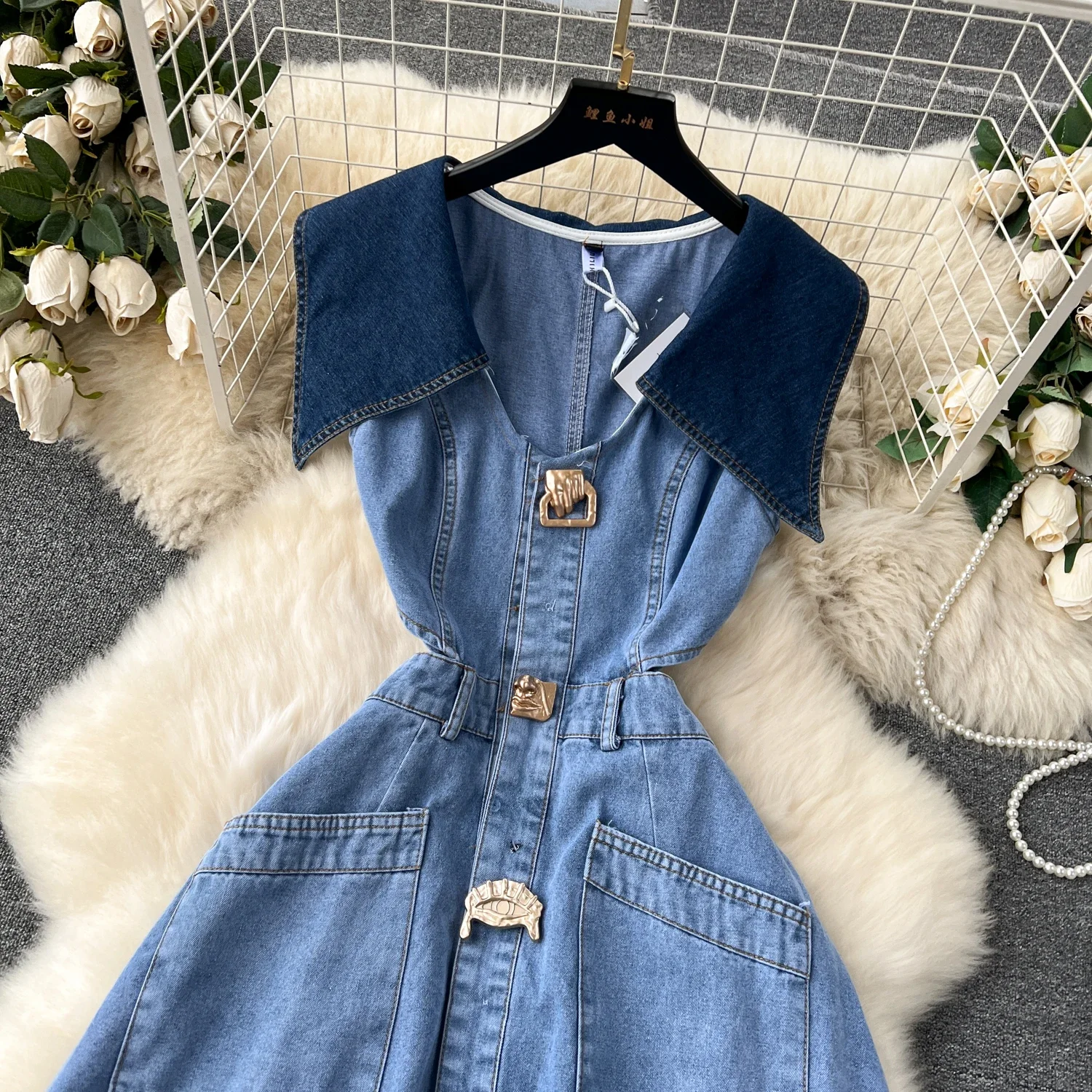 Designer DENIM ชุดผู้หญิงชุดยาวเดี่ยว Big Turn-Down COLLAR เอวกระชับสัดส่วนแยก A-Line Vestidos