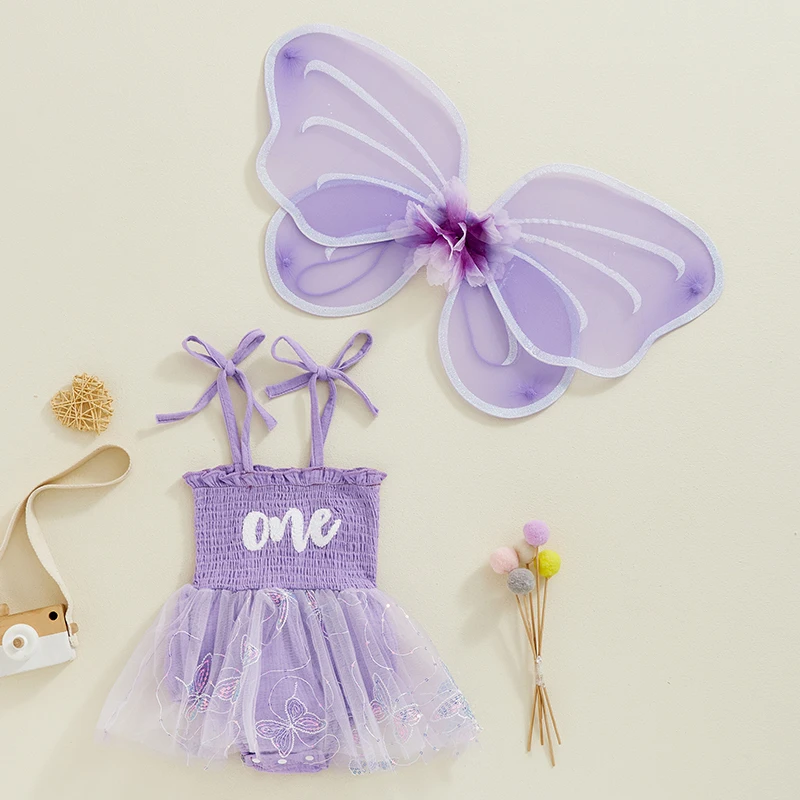 Newborn Baby Girl Clothes Tie-up Letters Romper Dress with Butterfly Wings Halloween Cospaly Outfit