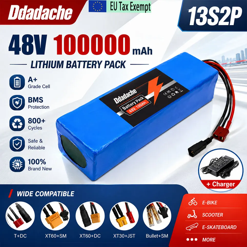 13S2P 48V Lithium-Ionen-Akku mit großer Kapazität, 100000 mAh, ausgestattet mit Multi-Spec-BMS, kompatibel mit 250W/350W/500W/750W/1000W Elektromotoren, inklusive passendem 54,6V-Ladegerät
