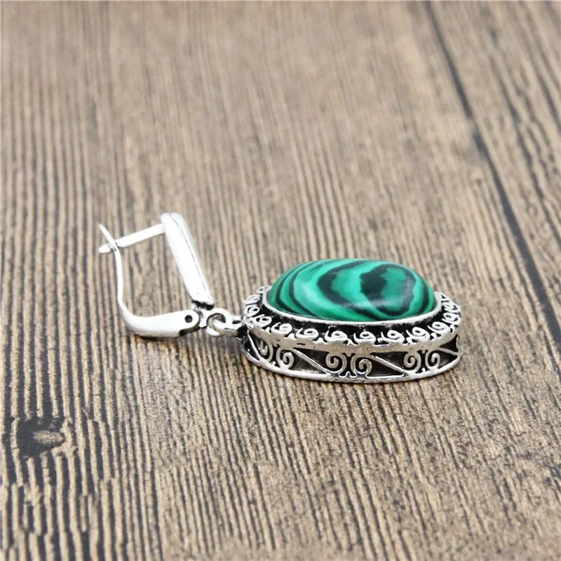 Big Oval Flower Pendant Malachite Earrings For Women Antique Silver Plated Party Fashion Jewelry TE391