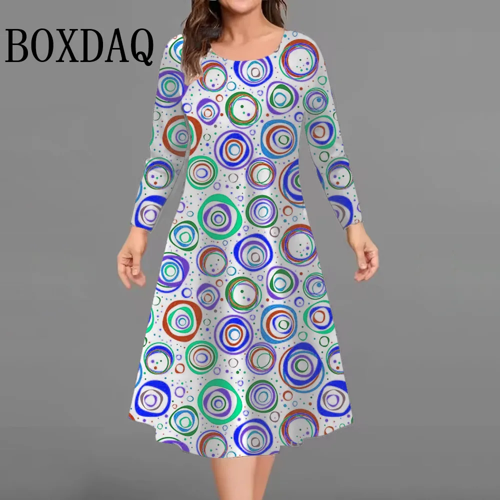 فساتين مطبوعة ثلاثية الأبعاد على شكل دائرة ملونة للنساء 2025 موضة حجم كبير فستان على شكل حرف a للخريف ملابس فضفاضة غير رسمية بأكمام طويلة 9XL