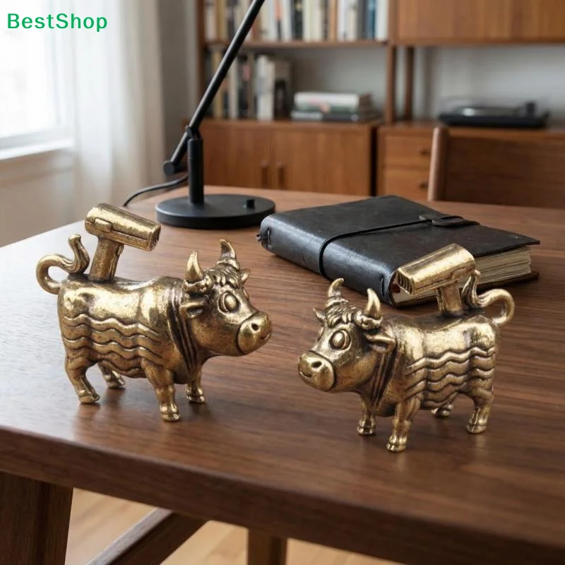 〔Q〕Brass Bull Figurine with Hair Dryer Ornament, Mini Brass Chinese Zodiac Ox Sculpture for Desk Decor