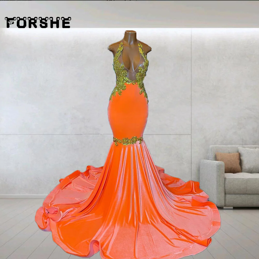 Glitter Orange Velvet Mermaid Prom Dresses Customized Sheer Neck Rhinestone Tassel Evening Dress Graduacion Cocktail Party Gowns