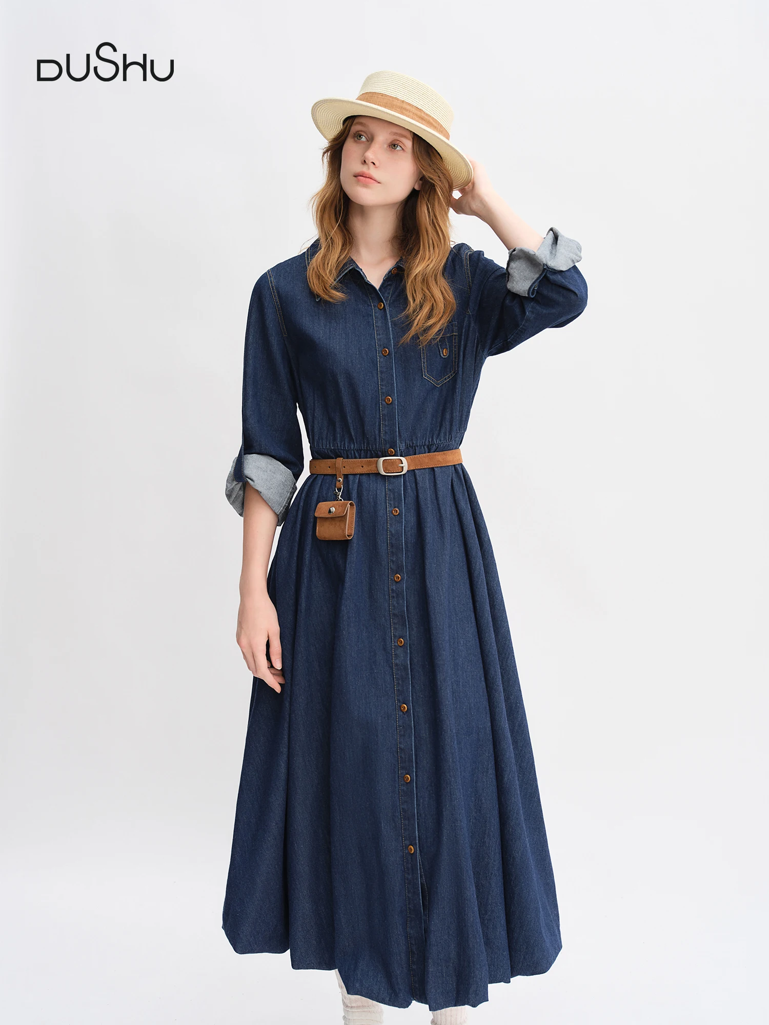 

​DUSHU Autumn 2025 Women's Denim Dress - Elegant Bouffant Hem Flowy Maxi Dress Casual Daily Wear Empire Waist Floral Print​