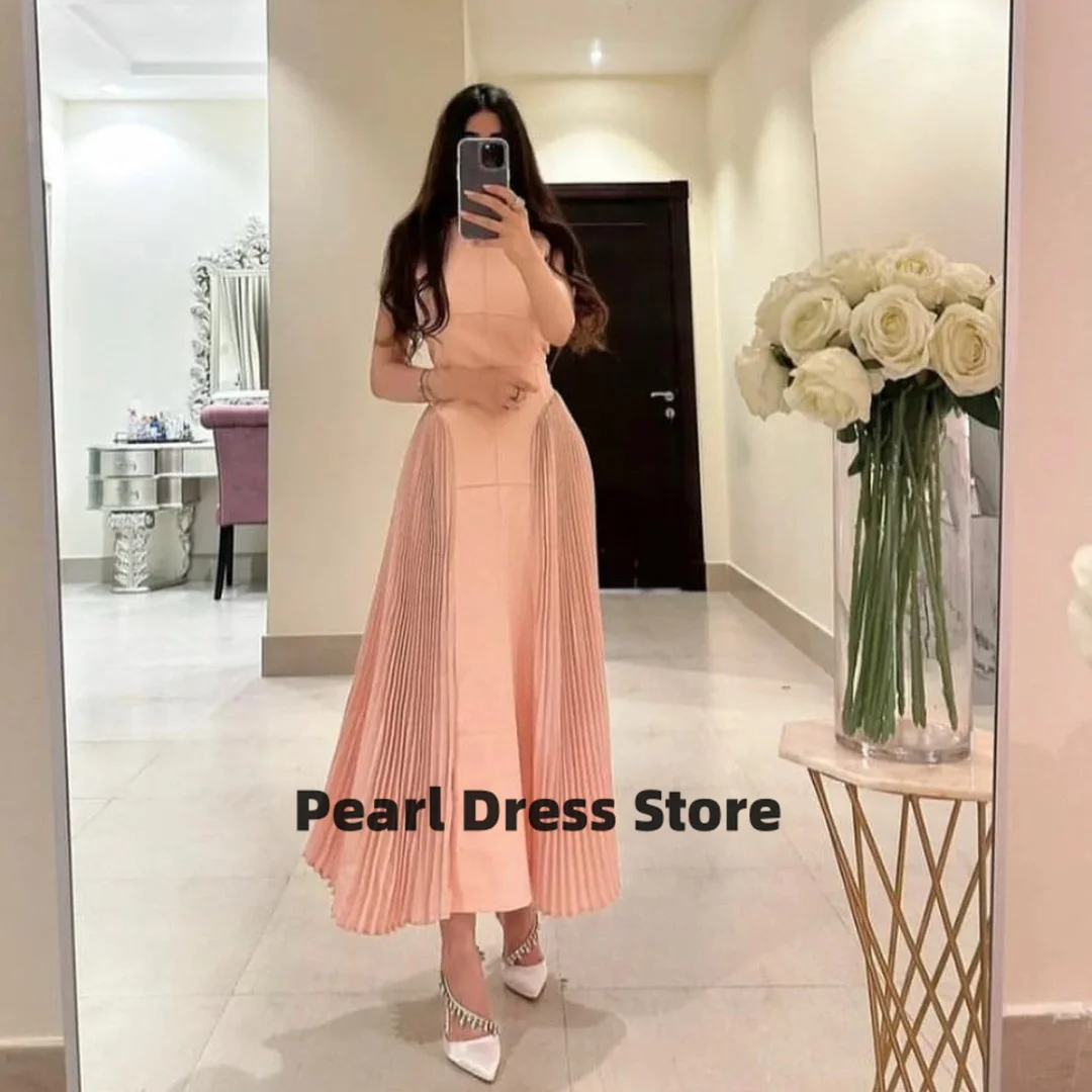 

Hanging Neck Prom Dress Pleated Ankle Wedding Party Bridesmaid Zipper Sleeveless A-line Pink Women's Sweet 2023