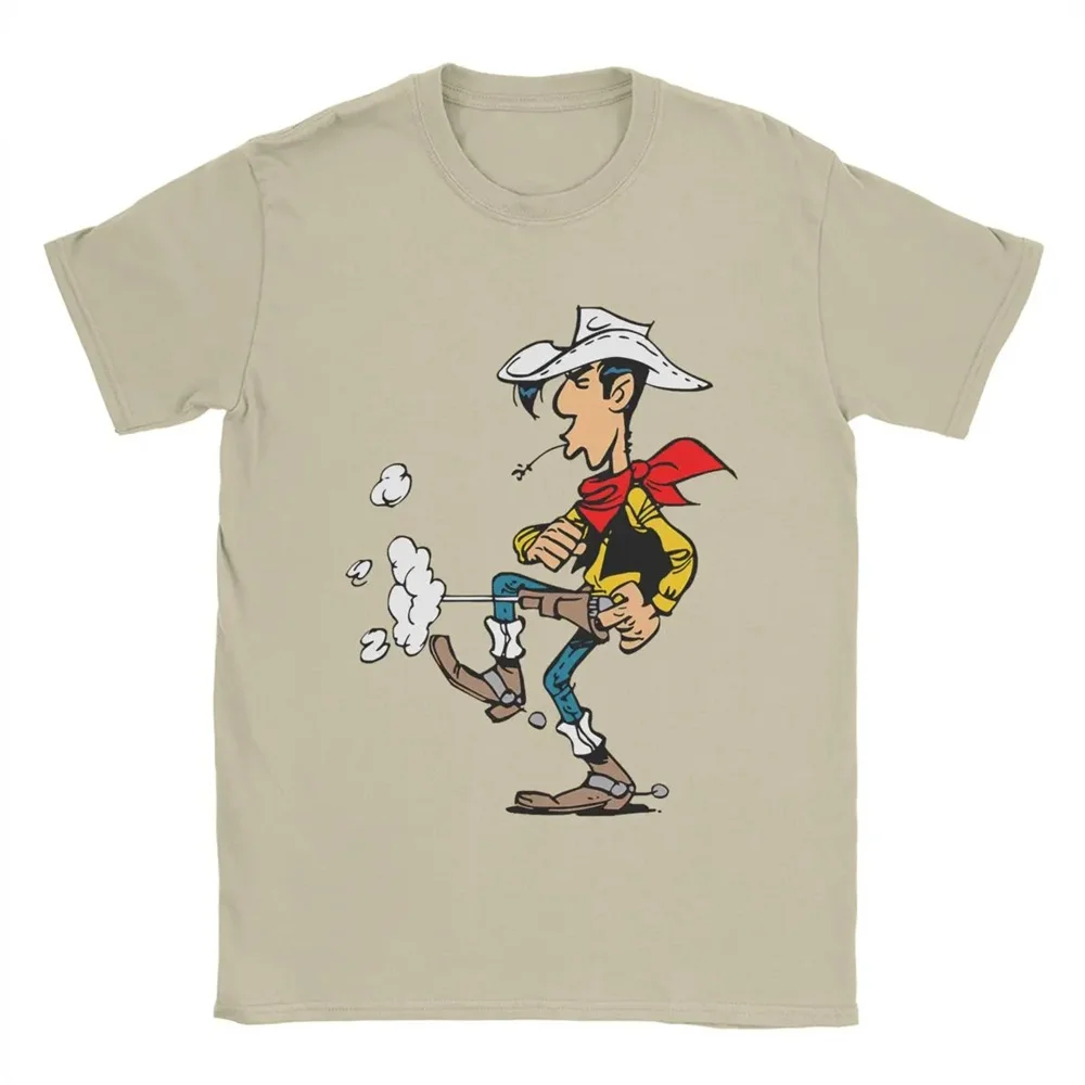 Summer Funny Men\'s T-Shirt Lucky Luke Cartoon 100% Cotton Tops Tee Crazy Short Sleeve O-Neck Large Size T-Shirt for Men Clothing