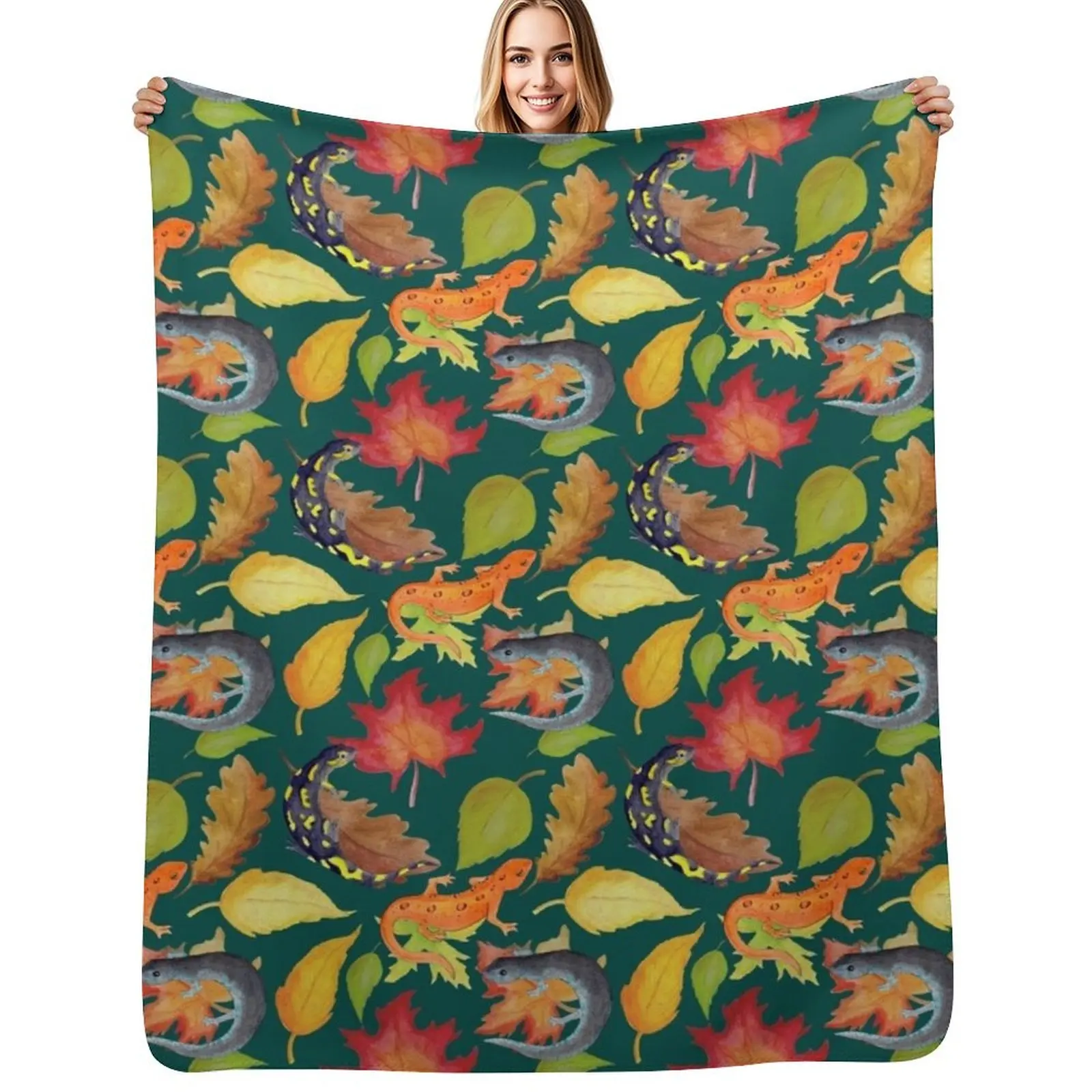 Salamander Leaves Watercolor Pattern- Dark Green Throw Blanket for babies Sofa Quilt Moving Cute Fashion Sofas Blankets