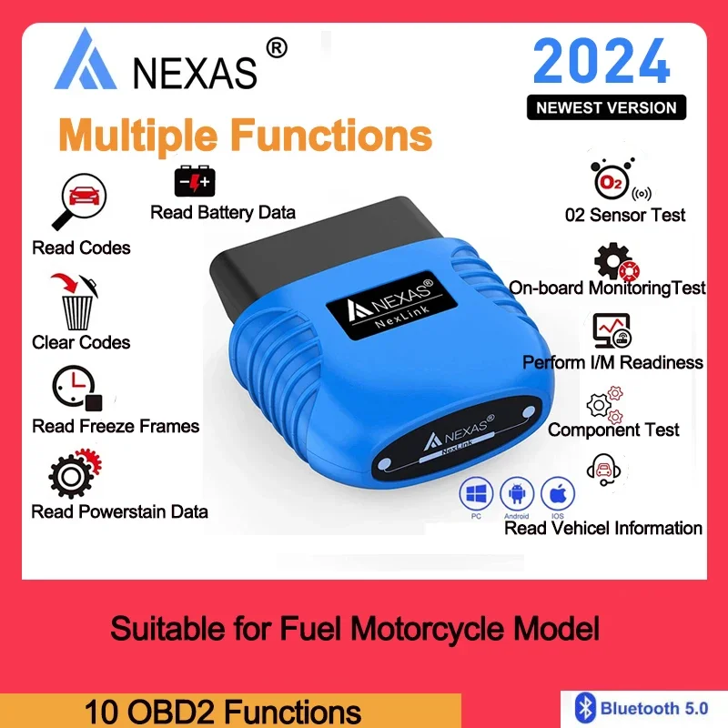 NEXAS Motorcycles Diagnostic Scan Tool Bluetooth 5.0 OBD2 EOBD Diagnostic Scanner for iOS Android Windows Fault Code Reader