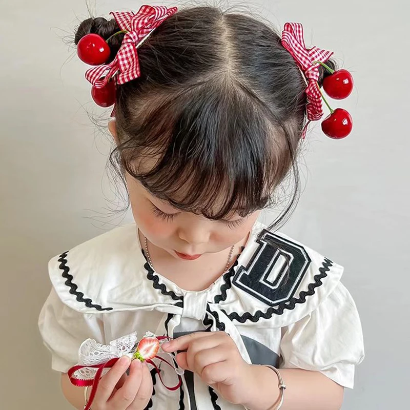 Red Cherry Cloth Bow Girls Hair Clip Plaid Lace Bow Ribbon Strawberry Cherry Hairpin Kawaii Side Bangs Clip Barrettes Headwear