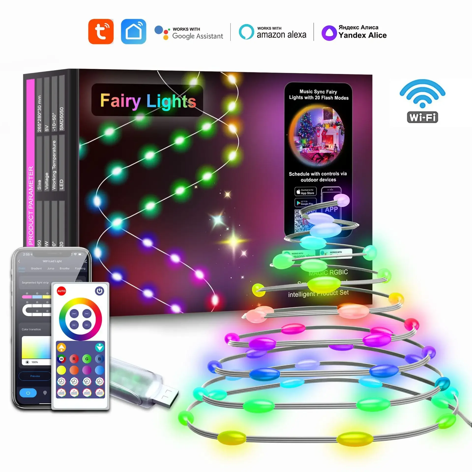 USB Christmas RGBIC String Light Smart Tuya WIFI Remote Control 5M 10M 20M String Light WS2812 Music Waterproof Fairy Lights