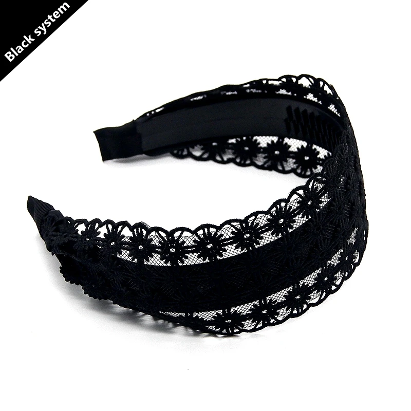 New Black Wide-brimmed Headband Women Solid Color Lace Hairband knitting Hair Hoop Girls Retro makeup Hair Accessories