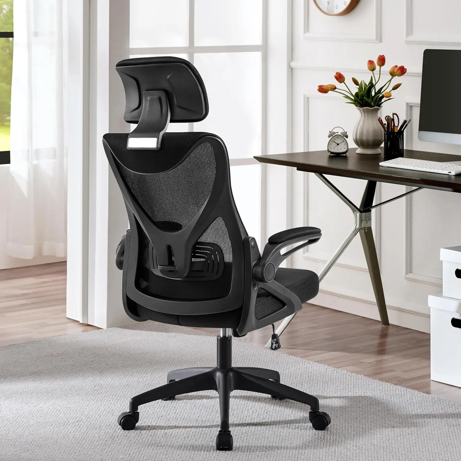 Ergonomic Office Chair with Headrest, Lumbar Support, Black | Breathable mesh high-back adjustable headrest, padded seat, and flip-up armrests supports your back and neck, holds 300lb