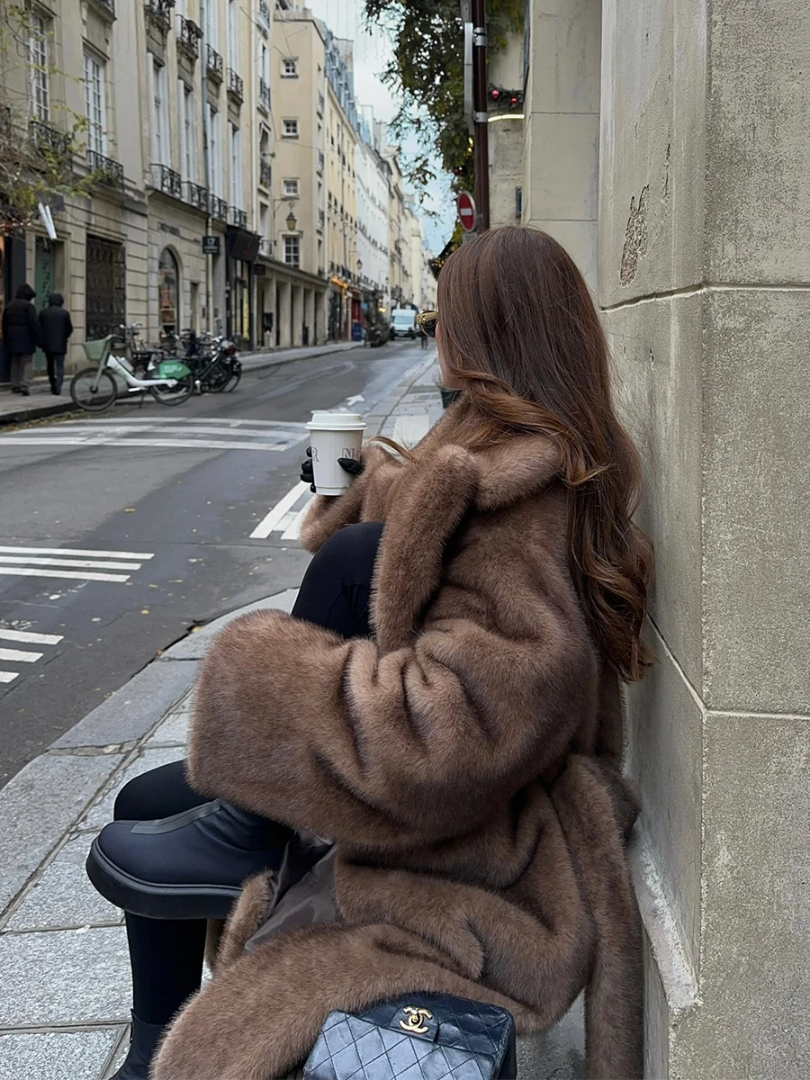 

Premium Belt Brown Gradient Faux Mink Fur Maxi Coat for Women Winter Fashion 2025 Vintage Luxury Old Money Parka Outwear