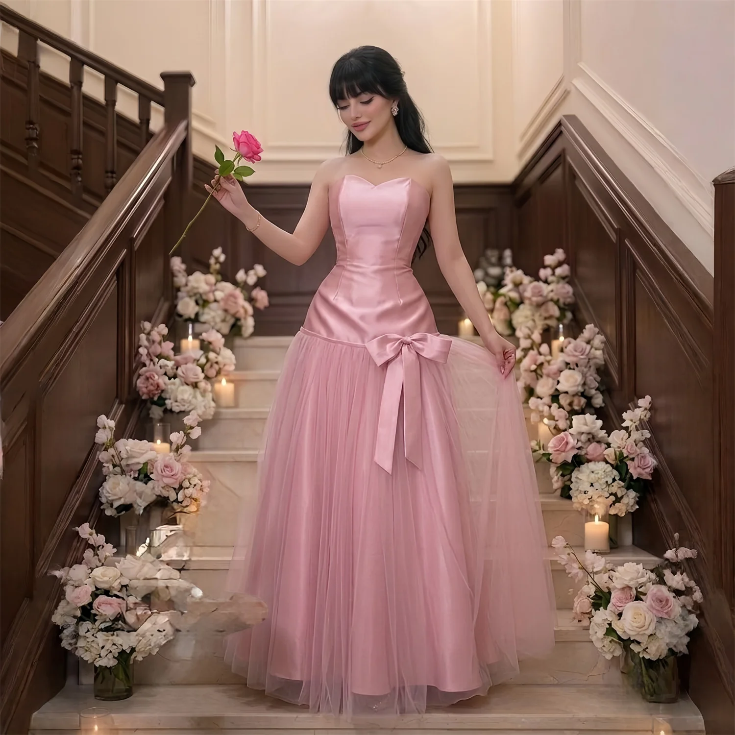 

EDECPBM Bow Prom Dress Women Sexy American Style Pink Satin Customized 2026 Women's Formal Evening Gowns New Collection Latest