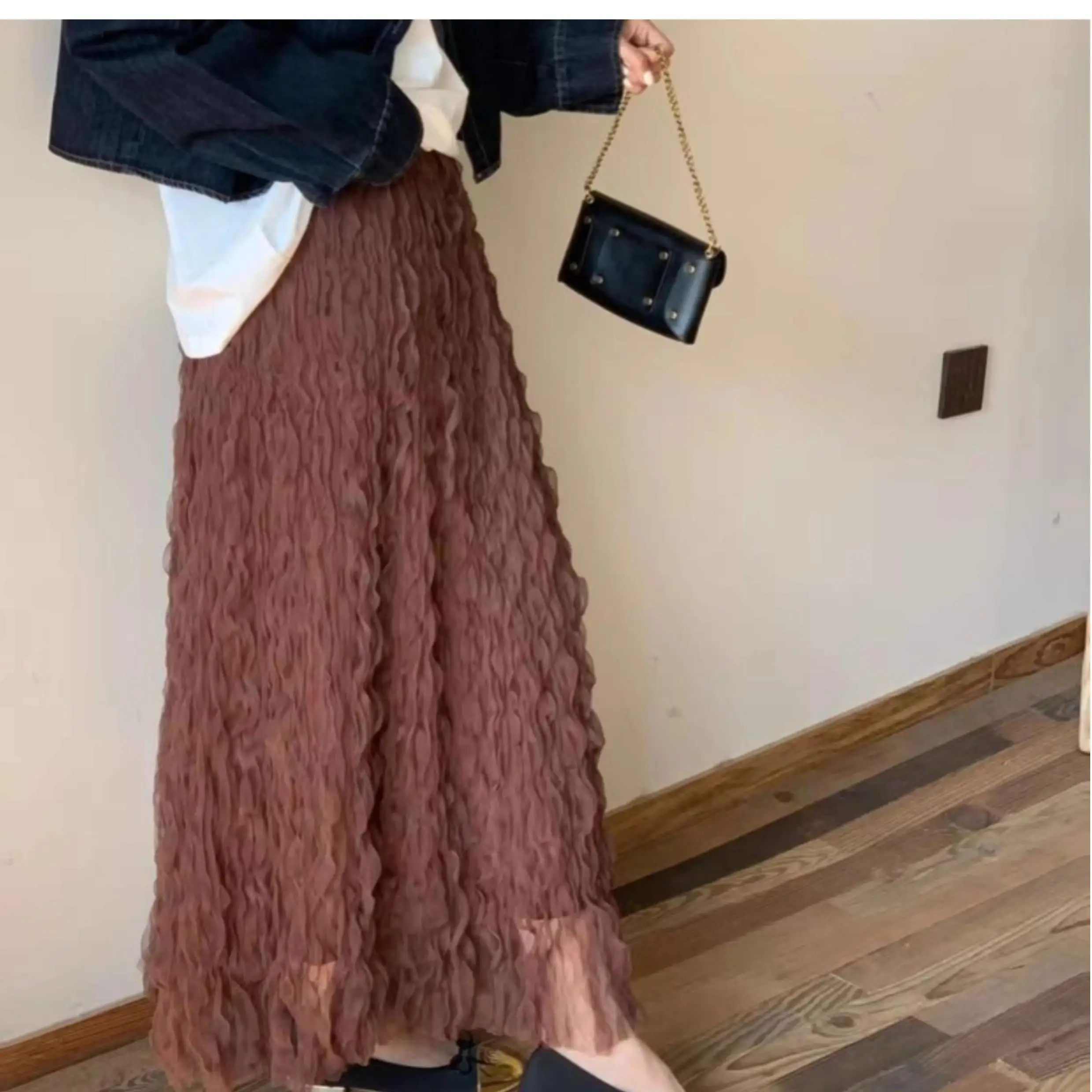 2024 women wave pleated skirt summer women\'s high waist fashion loose wave Elegant Chic Solid Pleated Skirt