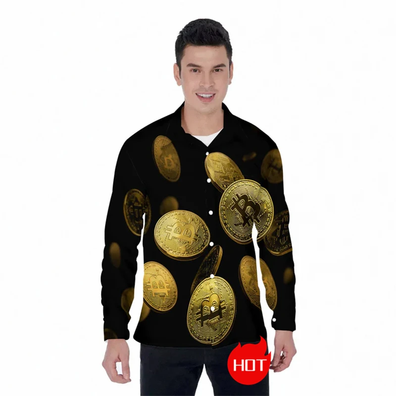 Fashion Bitcoin 3D Printed Long Sleeve Shirts For Men Clothes BTC Coin Graphic Lapel Blouse Spring And Autumn Unisex Button Tops