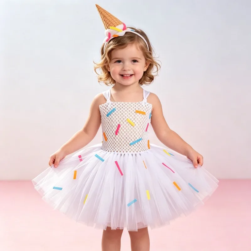 

New Arrival Kids Ice Cream Cone Fluffy Dress, Little Girls Mesh Puffy Dress with Headband, Sweet Princess Style Party Outfit