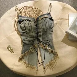 Retro American Cool Spicy Girl Fringed Denim Strap Vest Women's Inner Wear Ele Outerwear Svel Top Street Sle Slim...