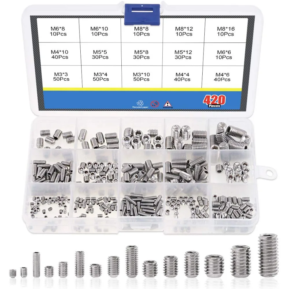 420pcs M3 M4 M5 M6 M8 304 Stainless Steel Hexagon Socket Machine Screws Set Headless Stop Screws Box DIY Set Door Handles Bolt