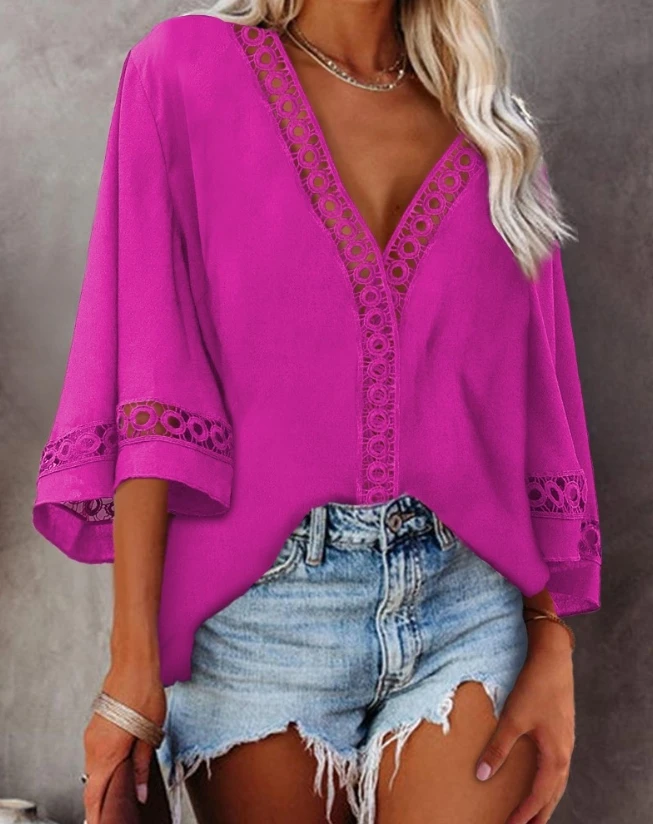 European and American women's clothing 2024 summer new women's casual solid color hollowed out bell shaped sleeve V-neck top