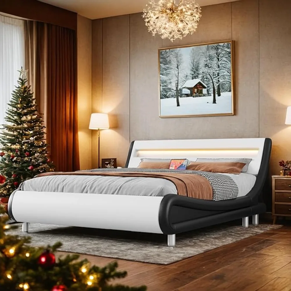 

LED Platform Bed Frame with Adjustable Headboard/No Box Spring Need/Easy Assembly/Faux Leather in White