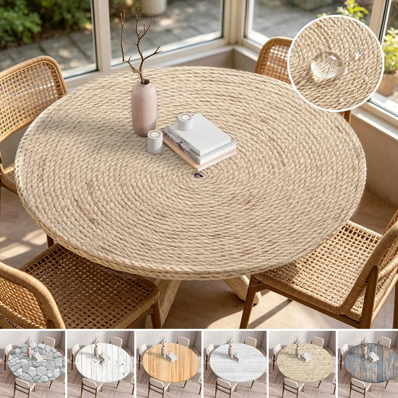 Elastic Fitted Round Tablecloth Waterproof Oil-Proof Anti-Scratch Circular Table Slipcover for Dining Coffee Negotiation Table