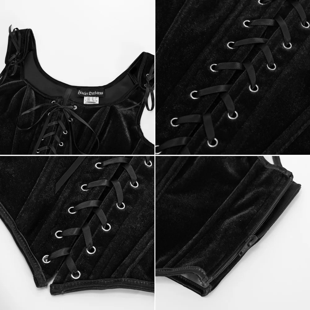 SD Women Tank Tops Vintage Renaissance Velvet Corset 12 Bones Square Neck Cross Lace-Up Front Jackets Coats Vest  Sleeveless Top