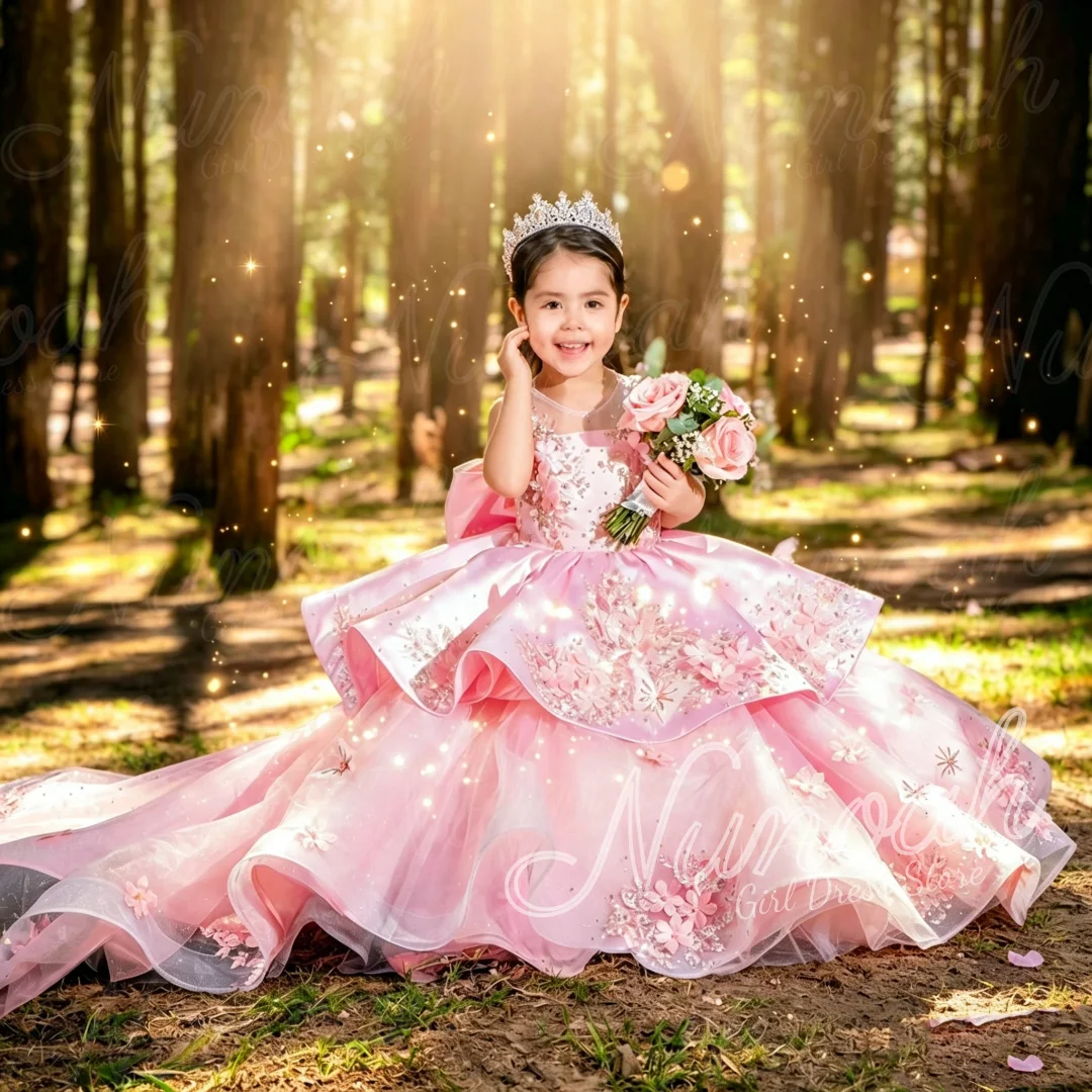 Luxury Lavender Girls Birthday Pageant Dress with Bow Lace Appliques Kids Formal Prom Flower Girl Dress for Wedding Customized