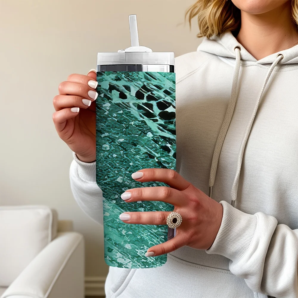 Trendy Green Glitter Mixed Leopard Print Insulated Tumbler with Handle And Straw for Daily Leisure And Outdoor Travel Use